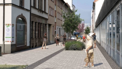 Neugestaltung der quartiersinternen Erschließung: Umgestaltung des Straßenraums in der Neugeländstraße (Visualisierung) Neugestaltung der quartiersinternen Erschließung: Umgestaltung des Straßenraums in der Neugeländstraße (Visualisierung)
